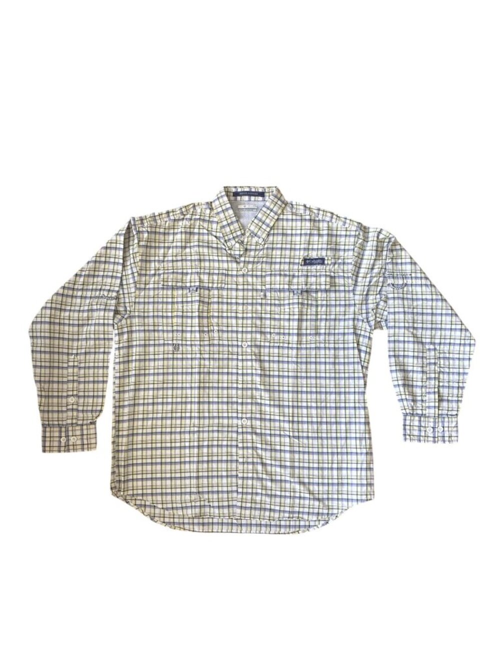 Columbia Super Bahama Plaid Fishing Shirt M Long sleeve Omni Shade Plaid Blue